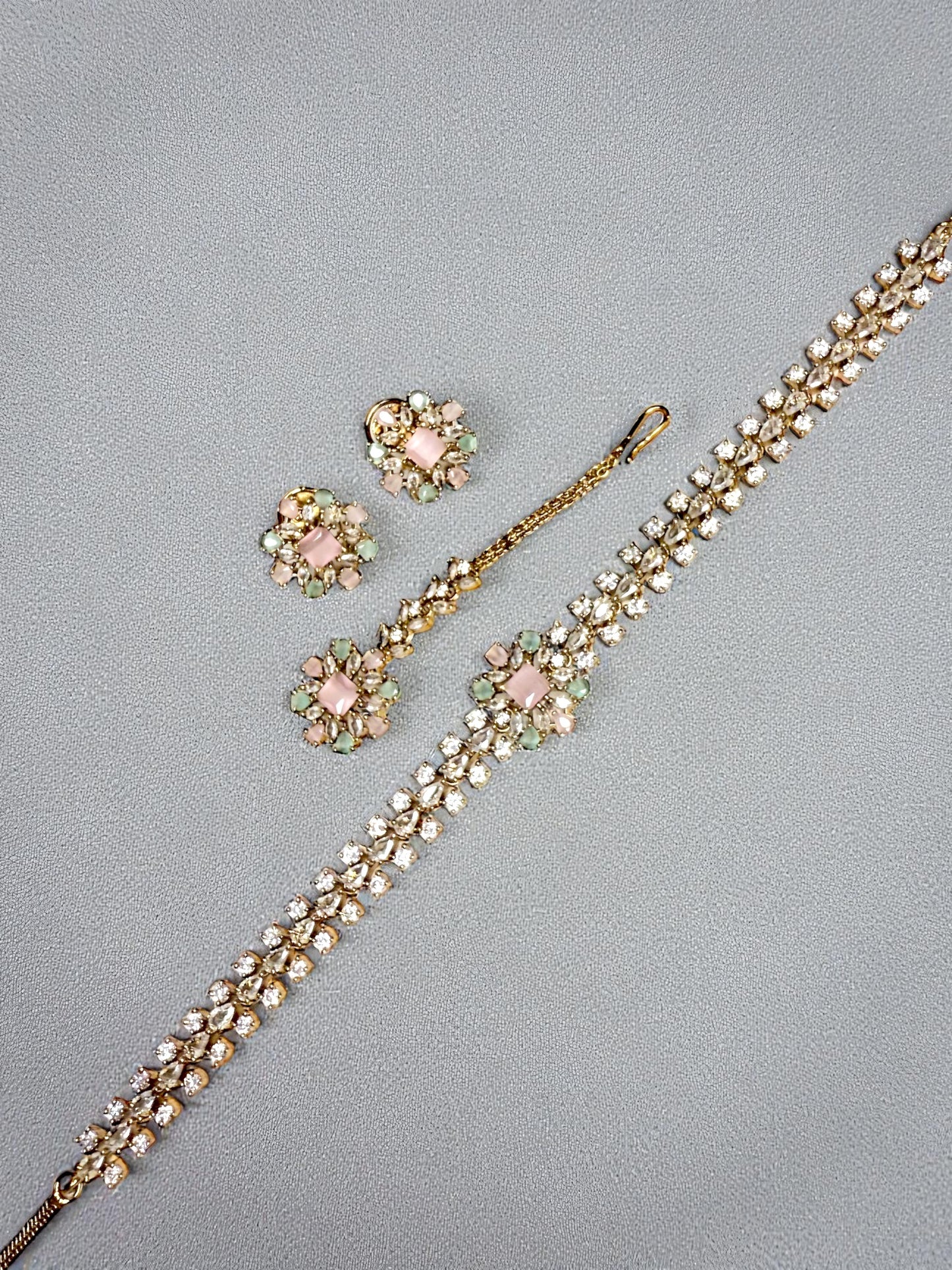 Zohra زهرة Dainty American Diamond Choker Set in Mint and Pink