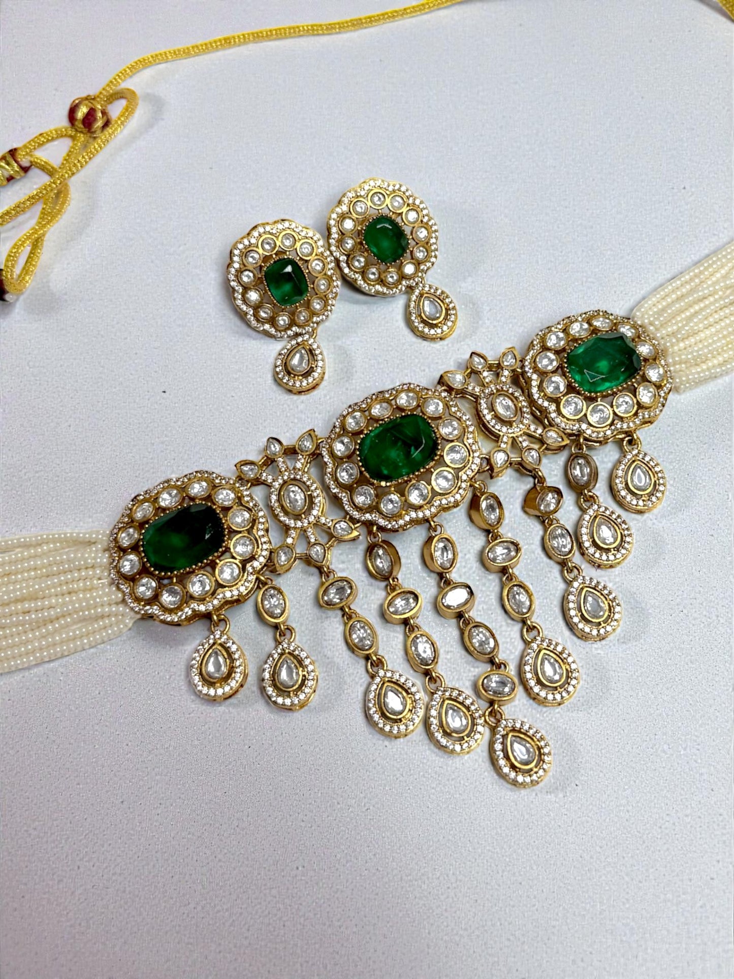 Ebtihal ابتهال Gold Plated Tyaani Kundan Choker Set with Doublet Stone in Green