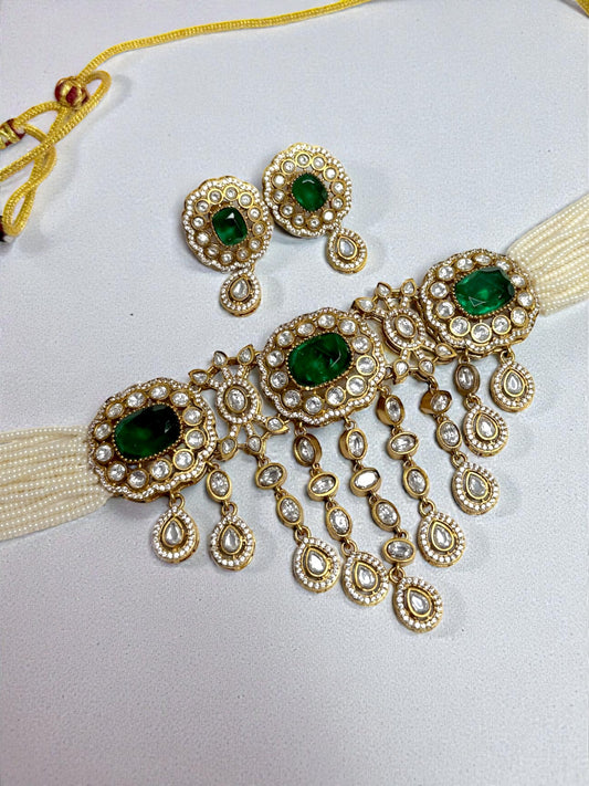 Ebtihal ابتهال Gold Plated Tyaani Kundan Choker Set with Doublet Stone in Green