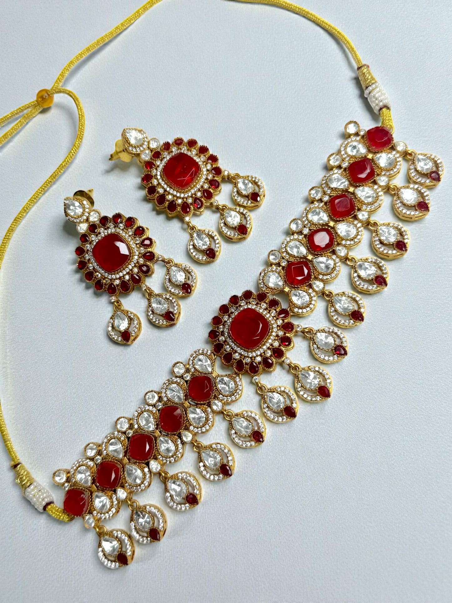Fadia فادية Gold Plated Tyaani Kundan Choker Set with Doublet Stone in Red