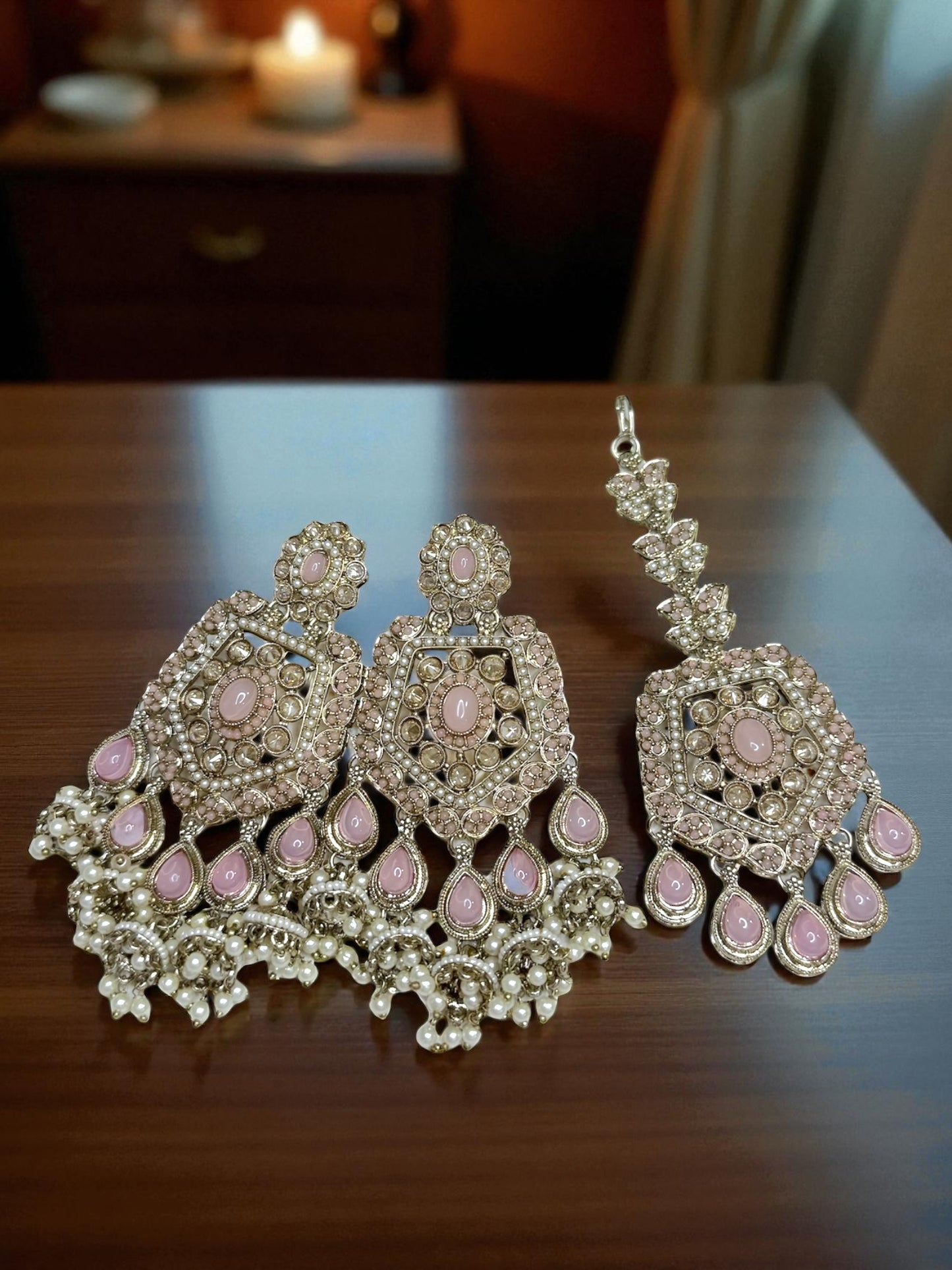 Haifa هيفاء Polki Earring & Tika Set in Pink