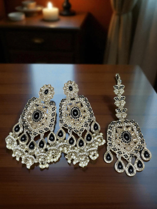 Haifa هيفاء Polki Earring & Tika Set in Black