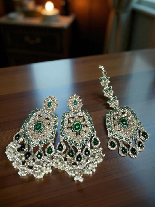 Haifa هيفاء Polki Earring & Tika Set in Green