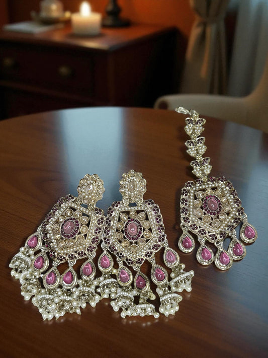 Haifa هيفاء Polki Earring & Tika Set in Purple
