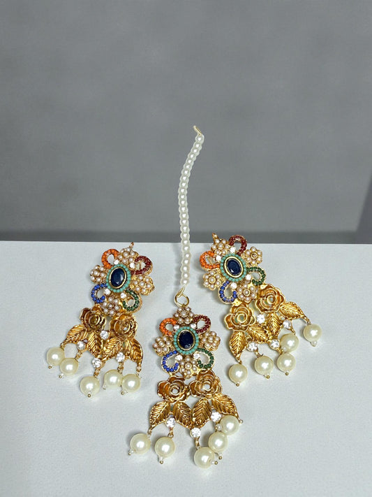 Hasiba حسيبة Naurathan Earring & Tika Set in Blue