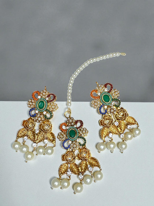 Hasiba حسيبة Naurathan Earring & Tika Set in Green