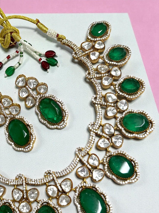 Inayah عناية Gold Plated Tyaani Kundan Set with Emerald Doublet Stone in Green