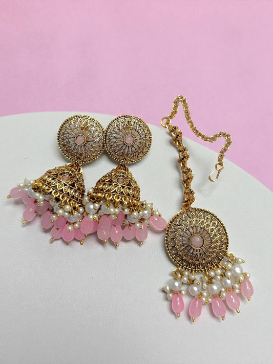 Israa إسراء Earring & Tika Set in Pink