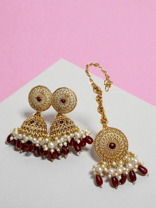 Israa إسراء Earring & Tika Set in Maroon
