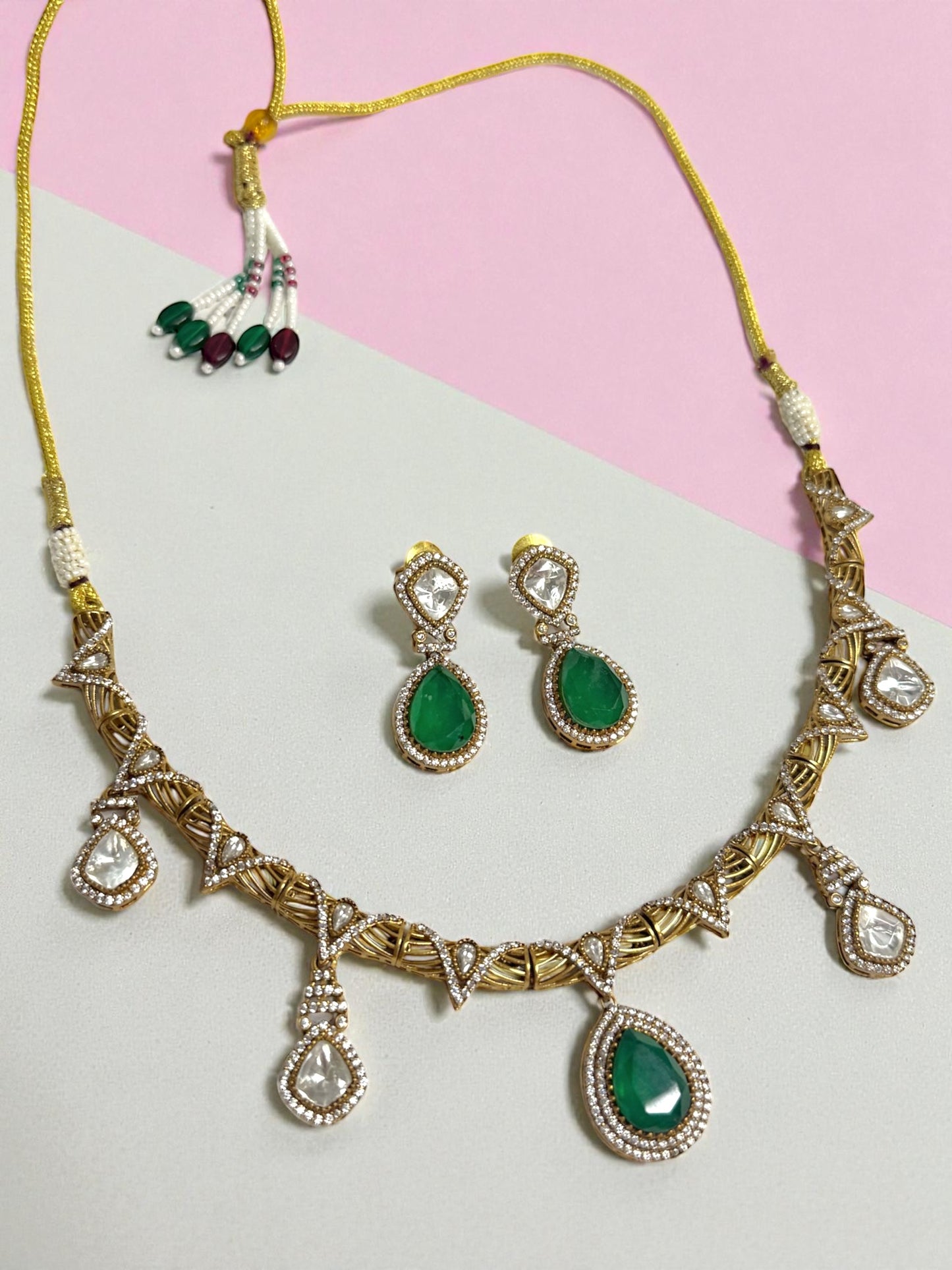 Najla نجلاء Gold Plated Tyaani Kundan Set with Emerald Doublet Stone in Green
