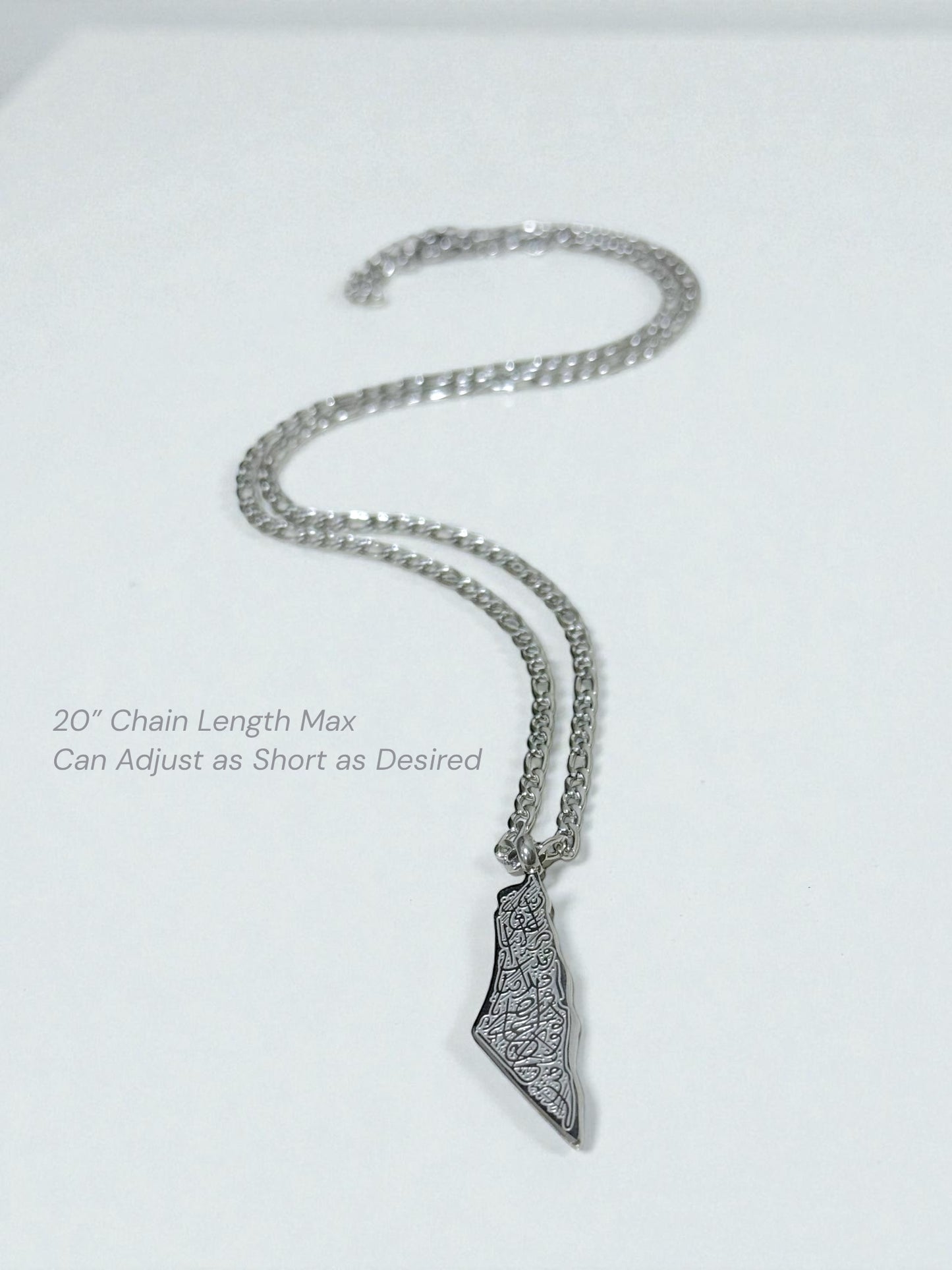 Palestine Map Necklace with “Palestine” in Arabic Calligraphy in Silver - Stainless Steel - Palestine Collection