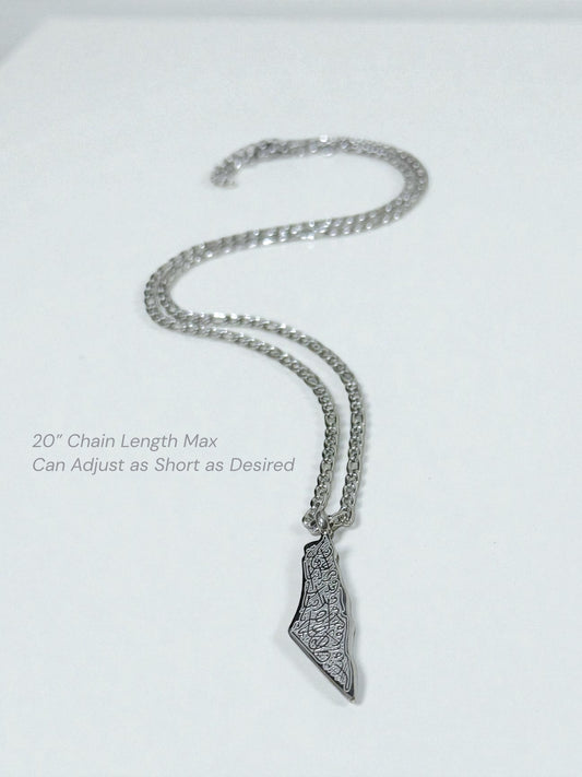 Palestine Map Necklace with “Palestine” in Arabic Calligraphy in Silver - Stainless Steel - Palestine Collection