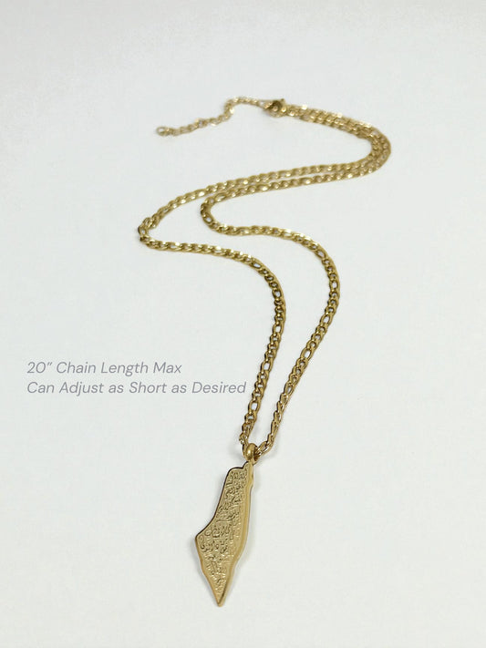 Palestine Map Necklace with “Palestine” in Arabic Calligraphy in Gold - Stainless Steel - Palestine Collection
