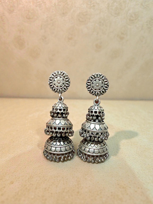 Lata लता Silver Plated Oxidized Jhumkay