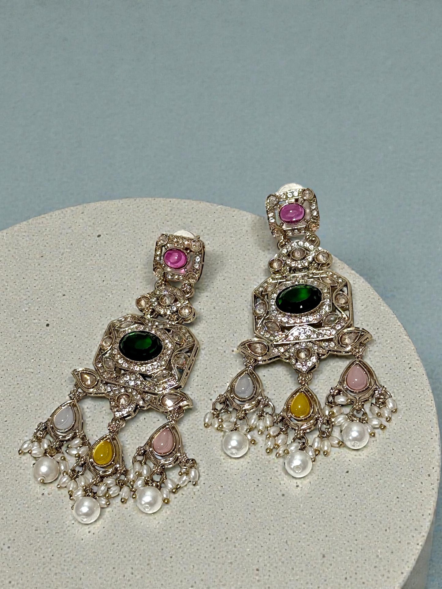 Archana अर्चना Polki Earrings in Multicolor - Green Center Stone