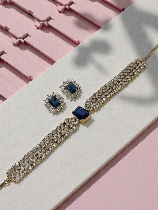 Jeevika जीविका American Diamond Choker Set in Blue over Gold