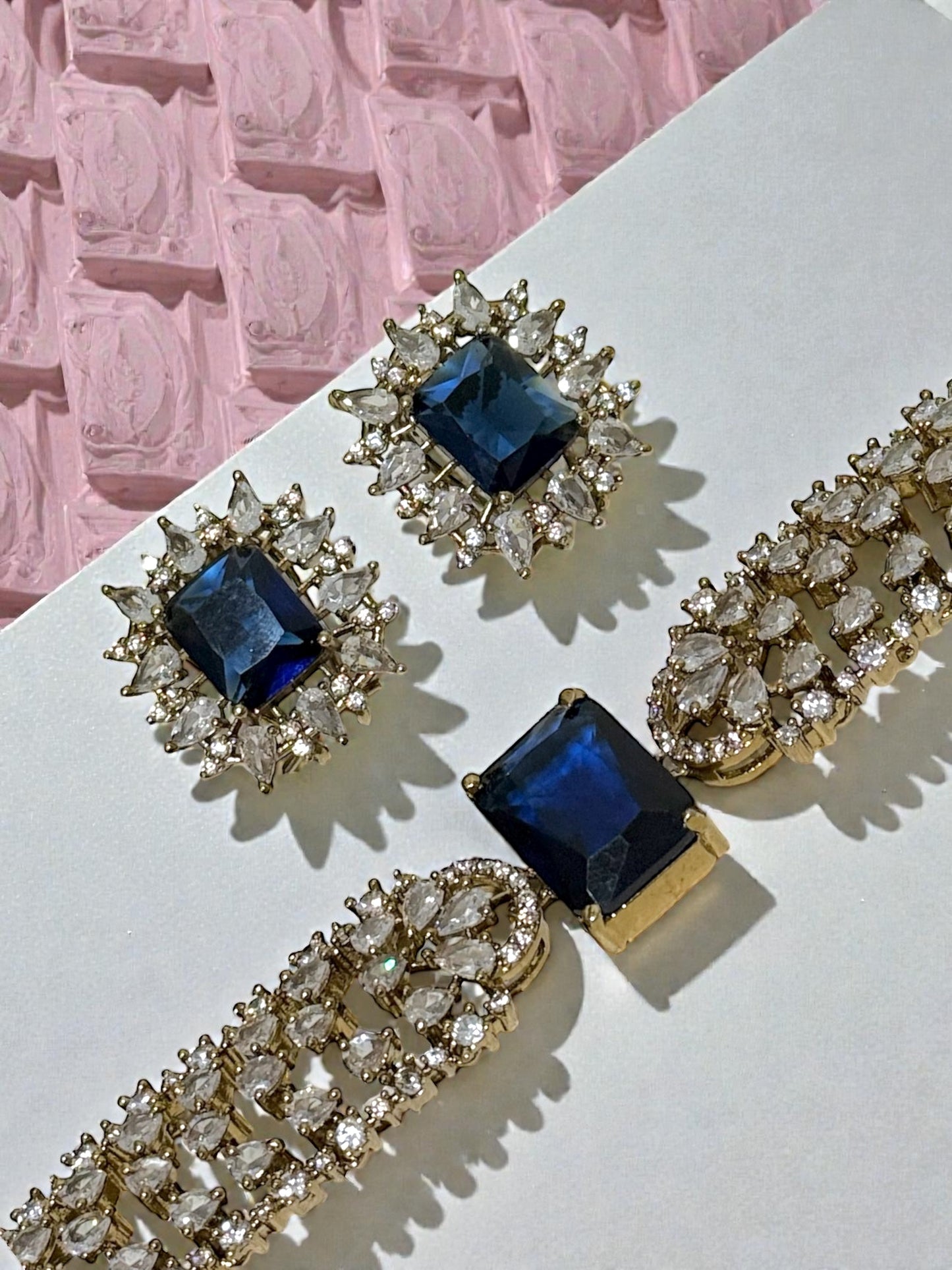 Jeevika जीविका American Diamond Choker Set in Blue over Gold