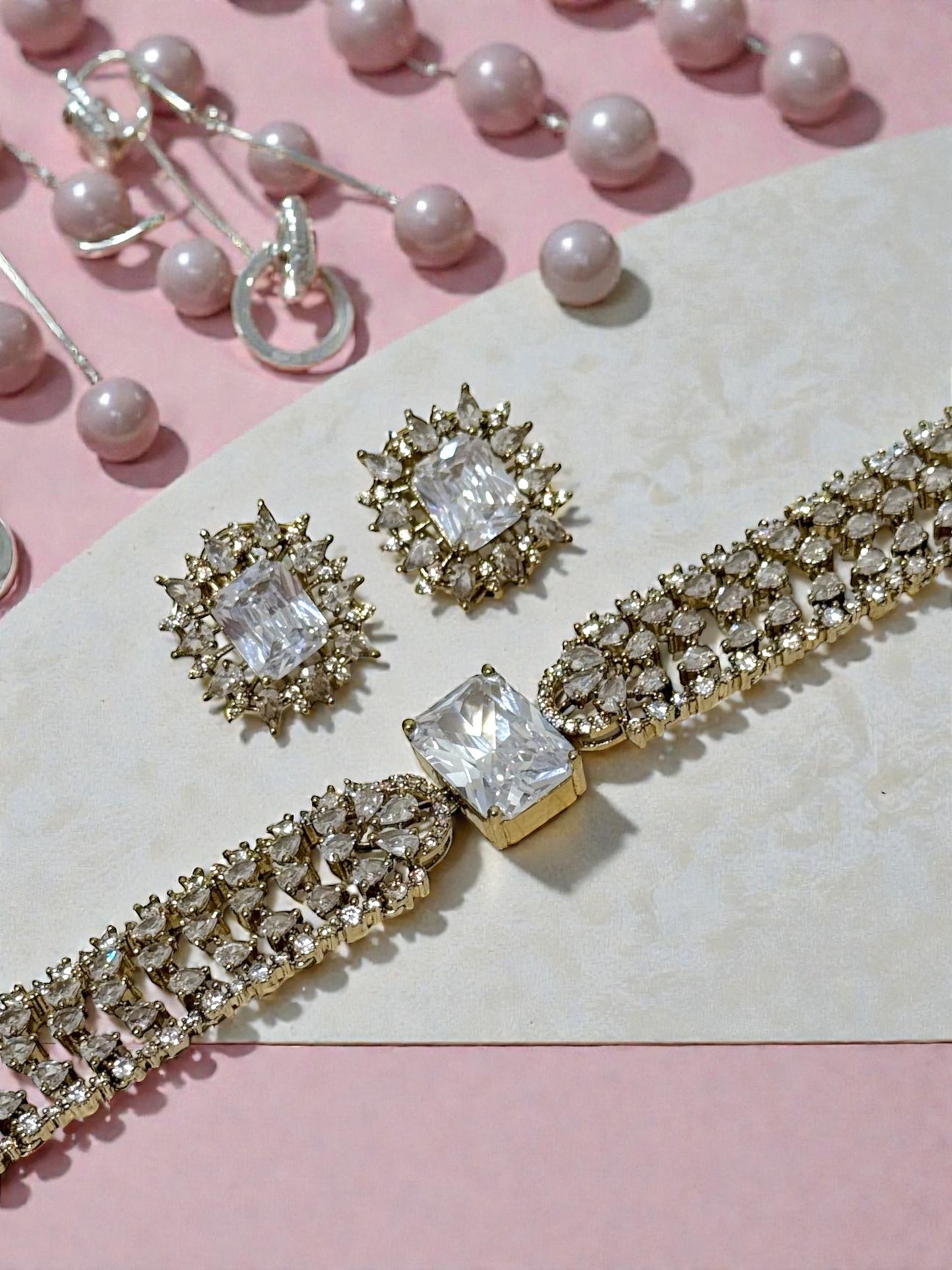 Jeevika जीविका American Diamond Choker Set in White over Gold