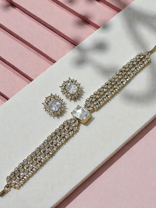 Jeevika जीविका American Diamond Choker Set in White over Gold