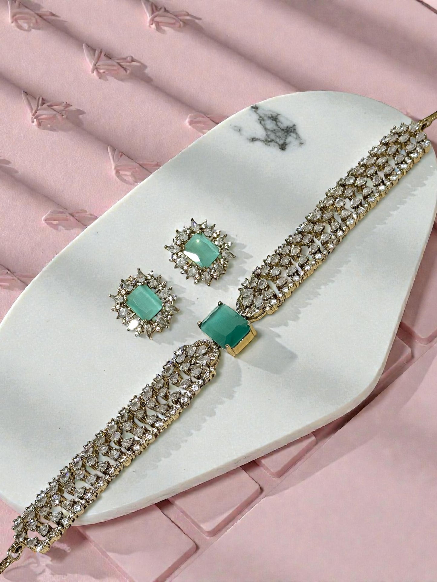 Jeevika जीविका American Diamond Choker Set in Mint over Gold