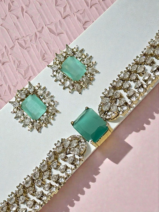 Jeevika जीविका American Diamond Choker Set in Mint over Gold