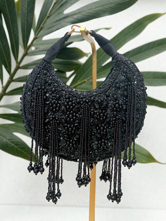 Jaya जया Moon Shaped Beaded Bag in Black