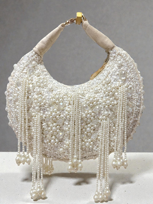 Jaya जया Moon Shaped Beaded Bag in White