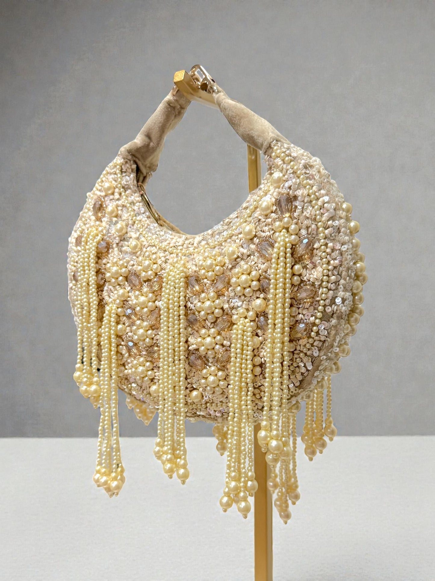 Jaya जया Moon Shaped Beaded Bag in Champagne Gold
