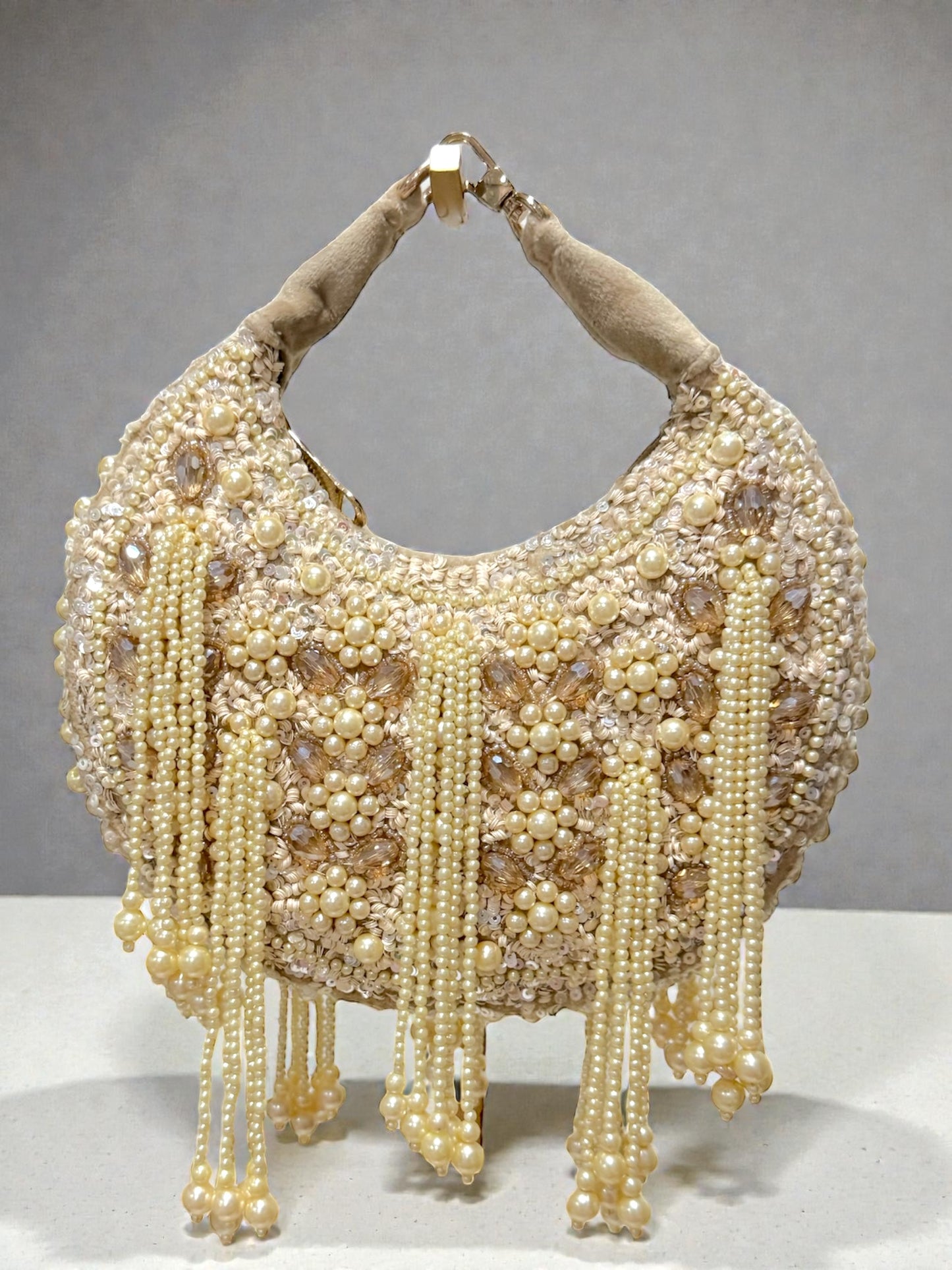 Jaya जया Moon Shaped Beaded Bag in Champagne Gold