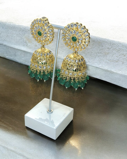 Rihana ريحانة Floral Kundan Jhumkay in Green