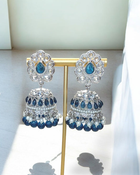 Reem ريم Silver Polki Jhumkay in Blue