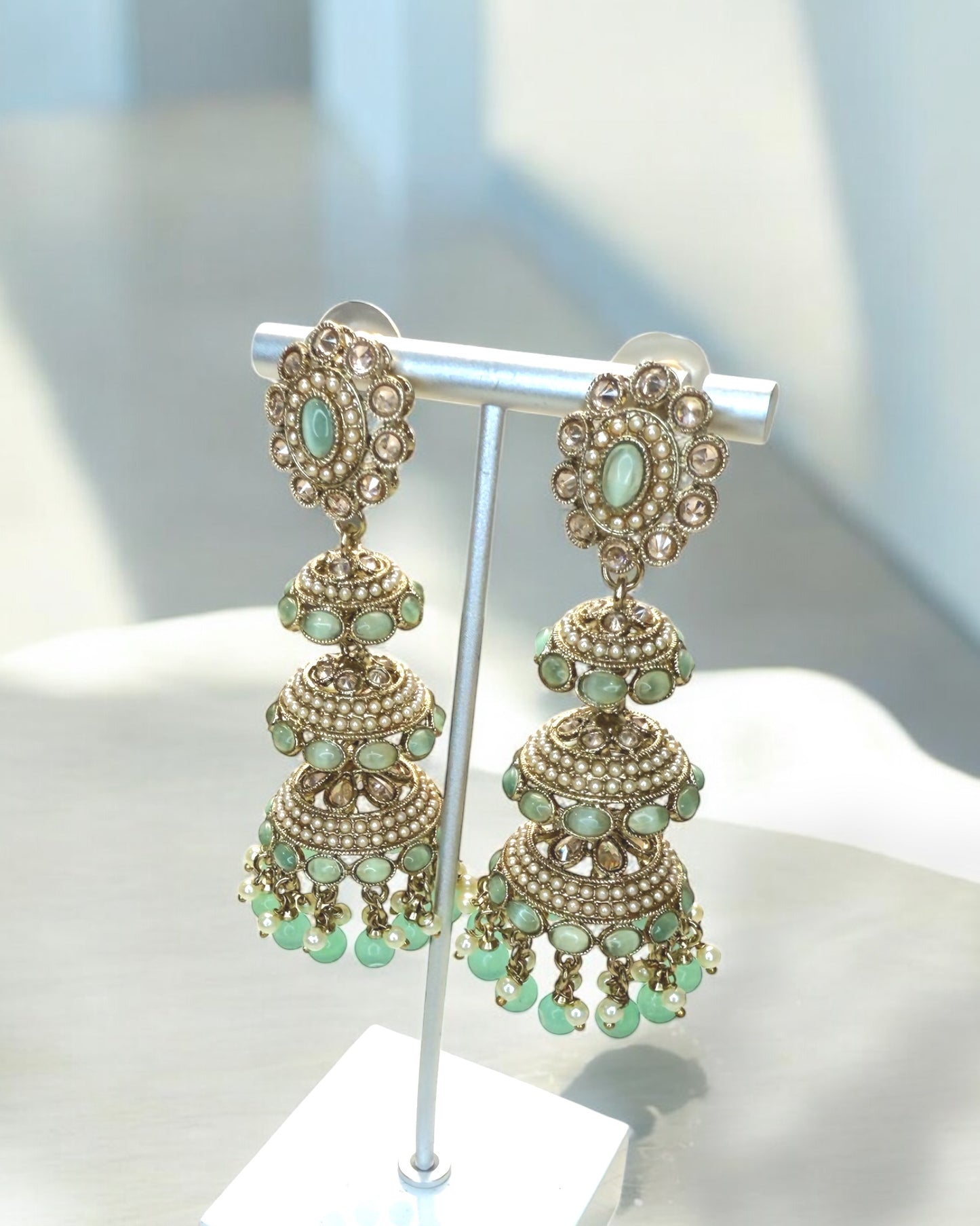 Huda هدى Triple-Layered Polki Jhumkay in Mint