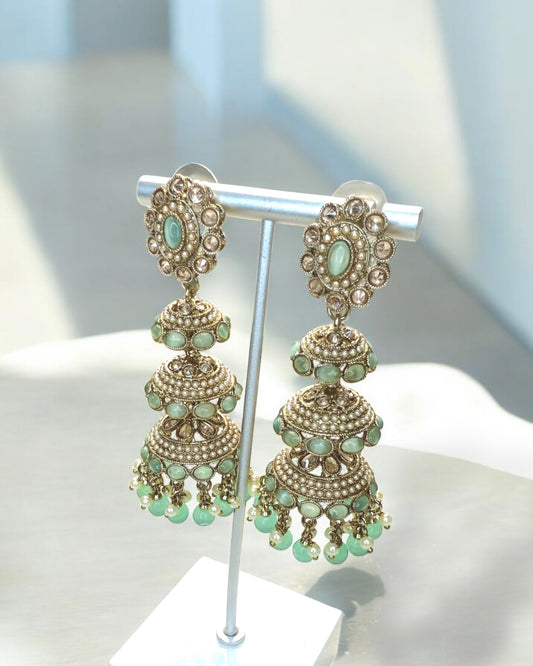 Huda هدى Triple-Layered Polki Jhumkay in Mint