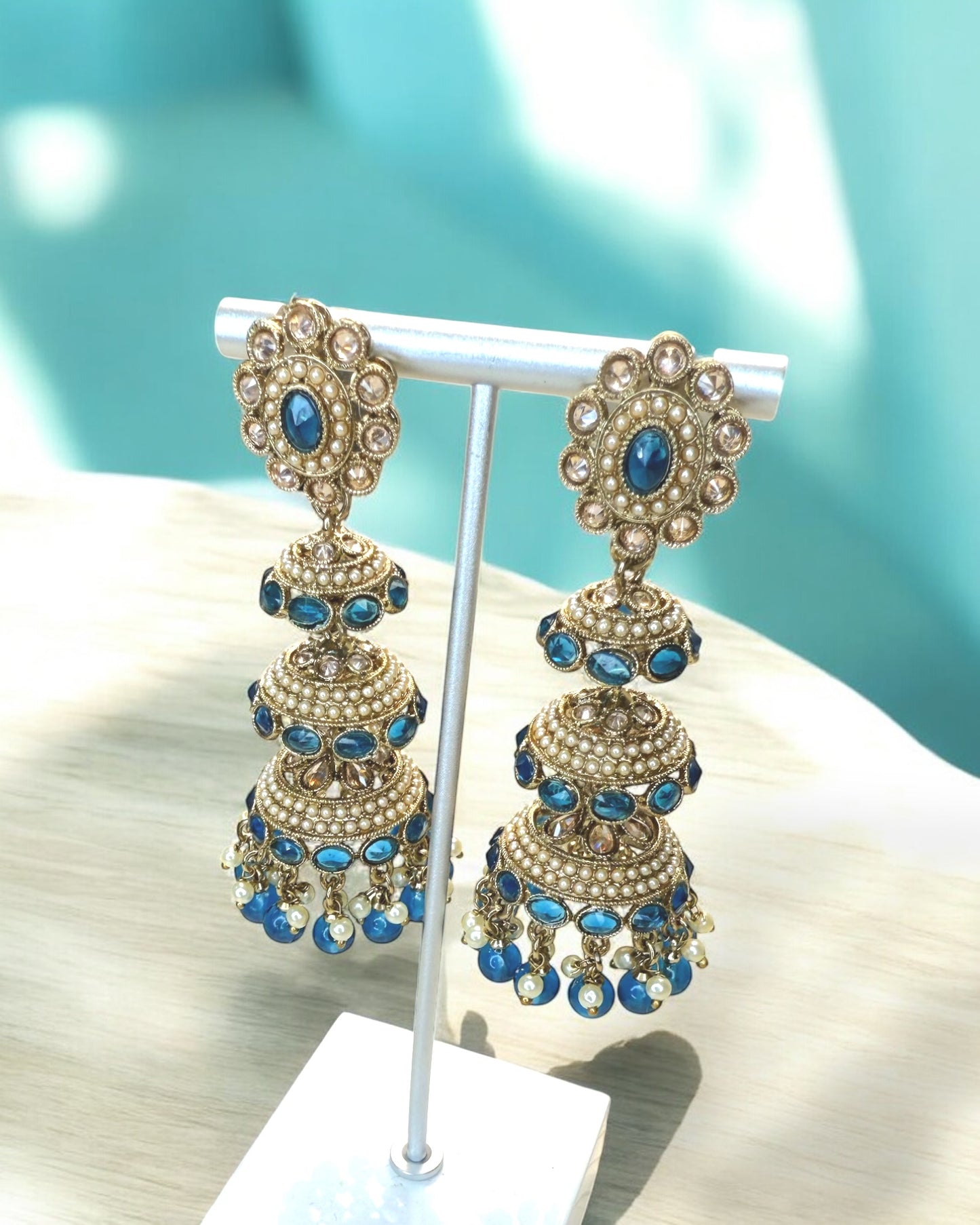 Huda هدى Triple-Layered Polki Jhumkay in Blue