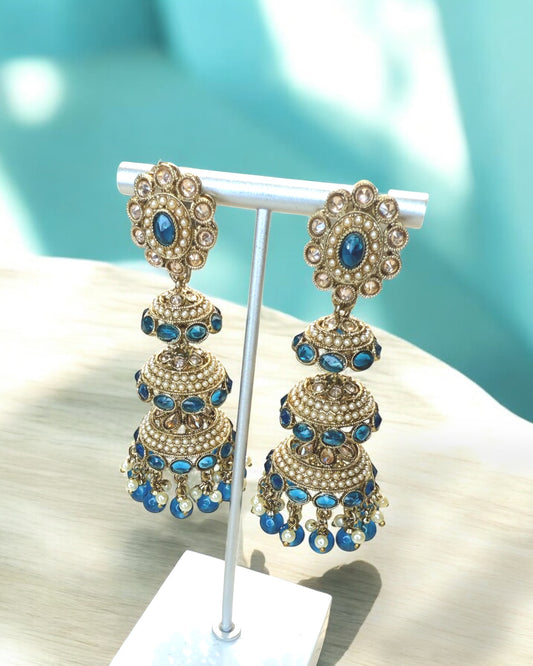 Huda هدى Triple-Layered Polki Jhumkay in Blue
