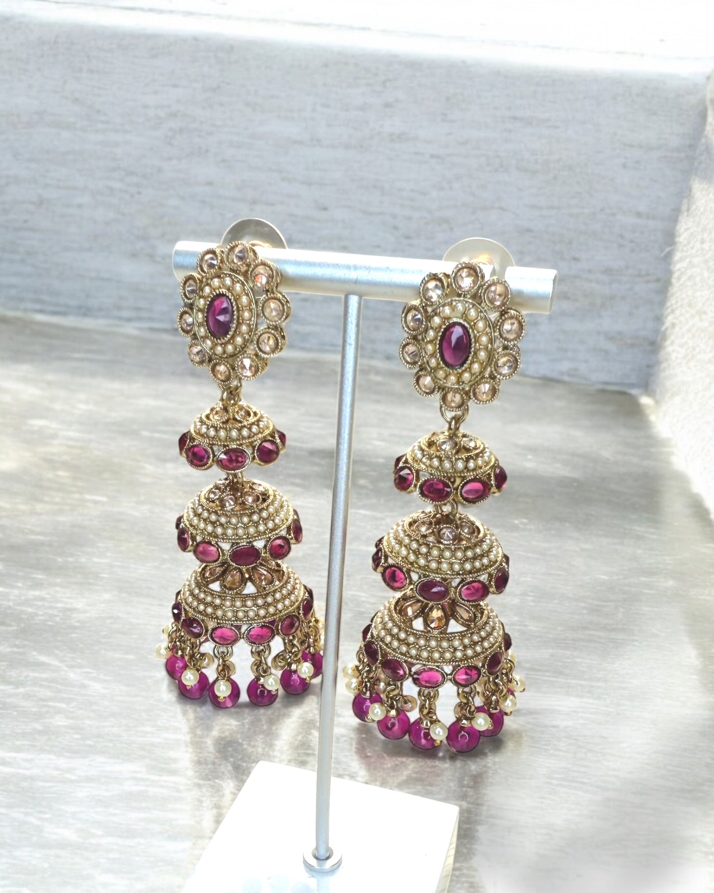 Huda هدى Triple-Layered Polki Jhumkay in Purple