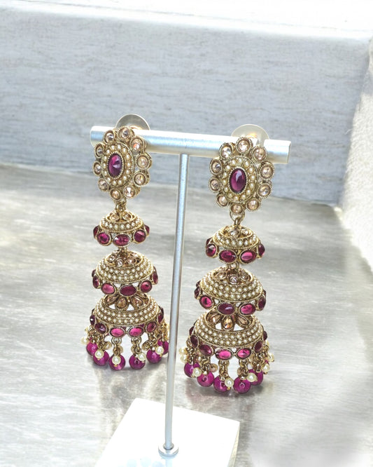 Huda هدى Triple-Layered Polki Jhumkay in Purple
