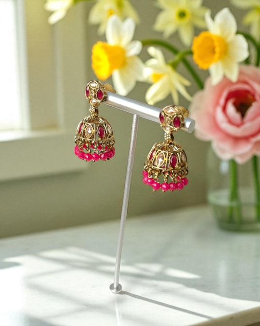 Simran सिमरन Mini Polki Jhumkay in Hot Pink