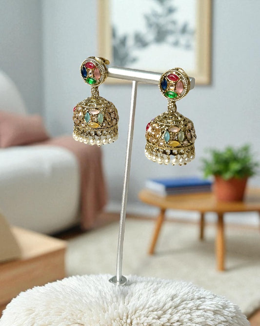 Shalini शालिनी Polki Jhumkay in Multicolor