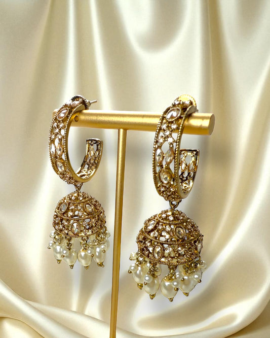 Kavya काव्या Polki Jhumkay Hoops in Gold with Pearls