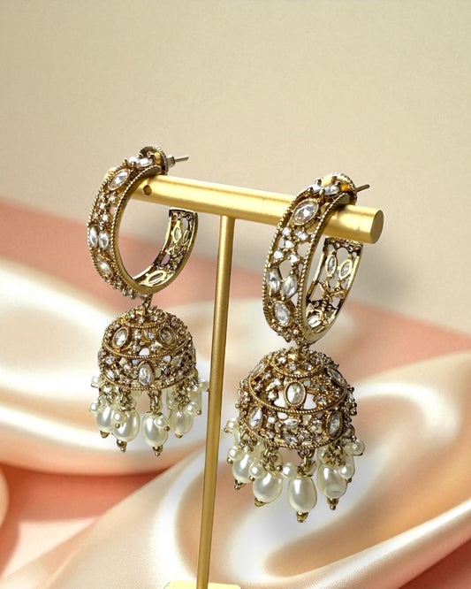 Kavya काव्या Polki Jhumkay Hoops in White with Pearls