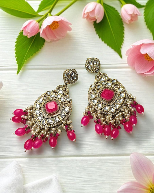 Aaradhya आराध्या Kundan Earrings in Hot Pink