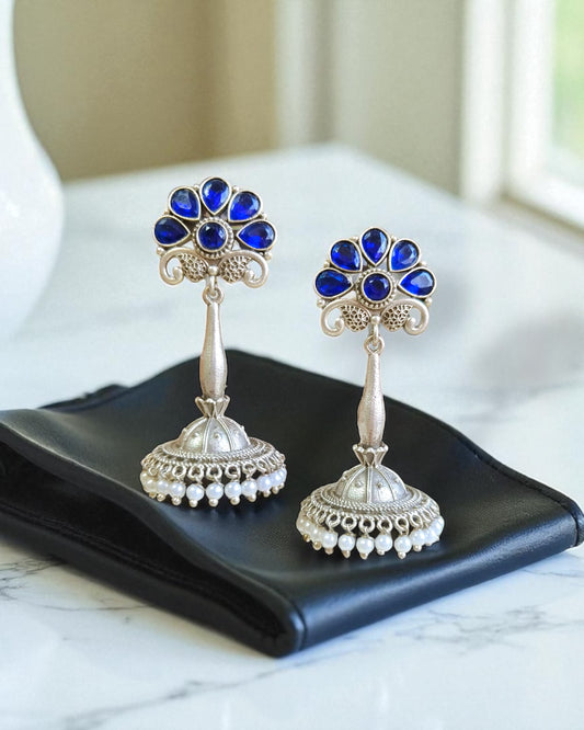 Rhea रिया Silver Plated Jhumka in Blue