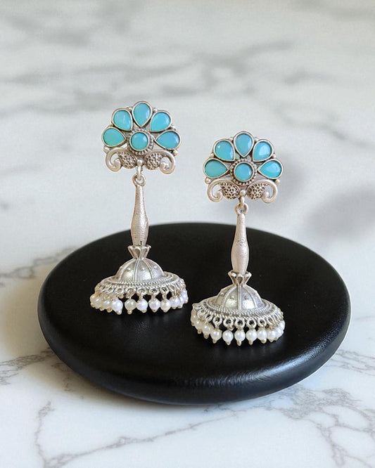 Rhea रिया Silver Plated Jhumka in Sky Blue