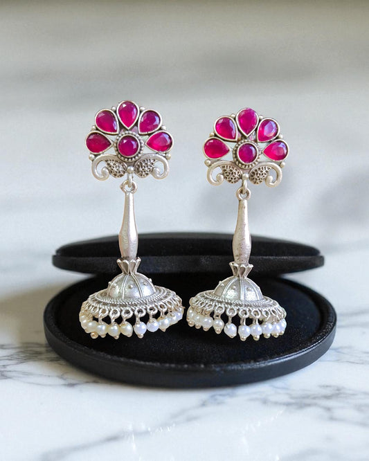Rhea रिया Silver Plated Jhumka in Ruby Pink