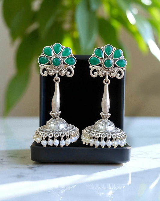 Rhea रिया Silver Plated Jhumka in Green