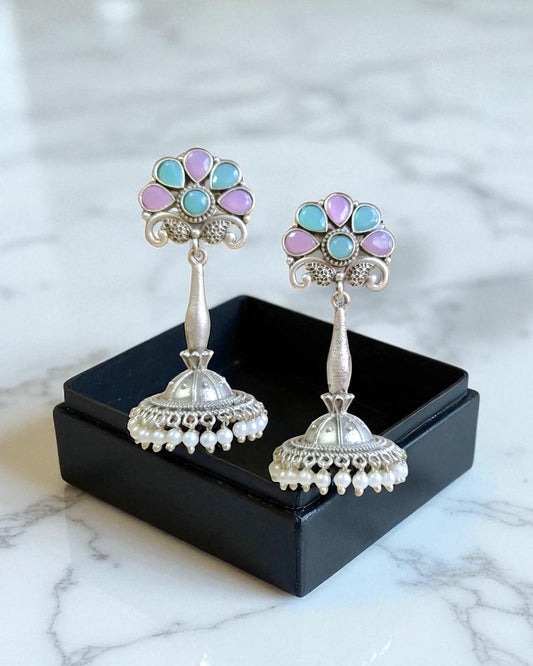 Rhea रिया Silver Plated Jhumka in Pastel Pink & Sky Blue