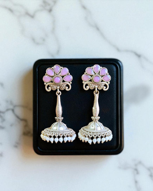 Rhea रिया Silver Plated Jhumka in Pink