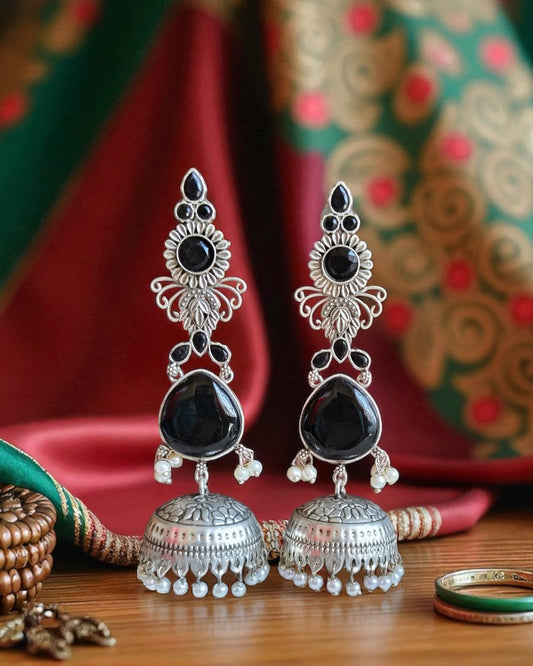 Nitya नित्य Silver Plated Jhumkay in Black
