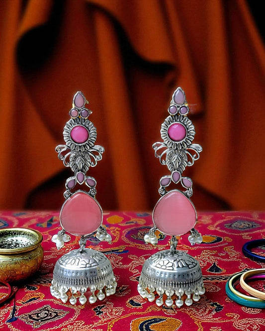 Nitya नित्य Silver Plated Jhumkay in Pink